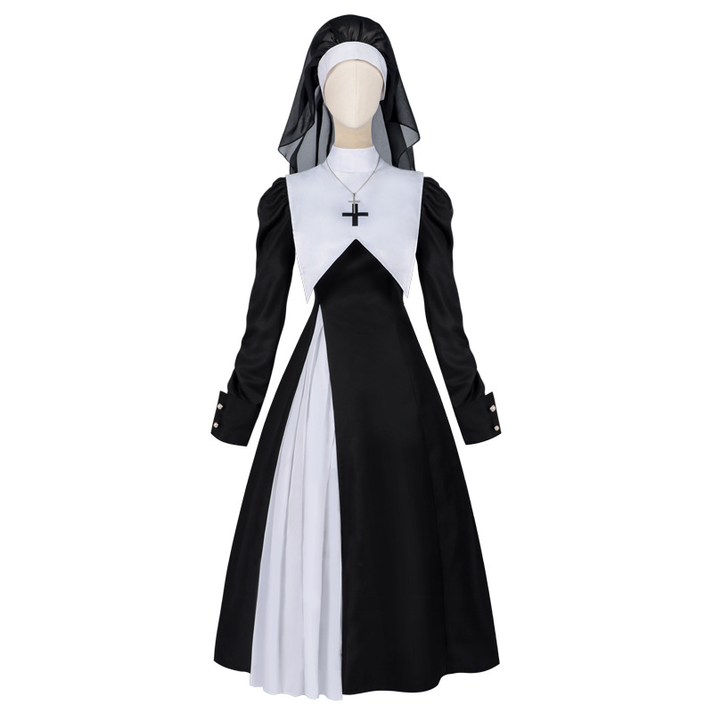 Anime Cosplay Nun - فستان نسائي أوروبي وأمريكي مطوي، بقصة